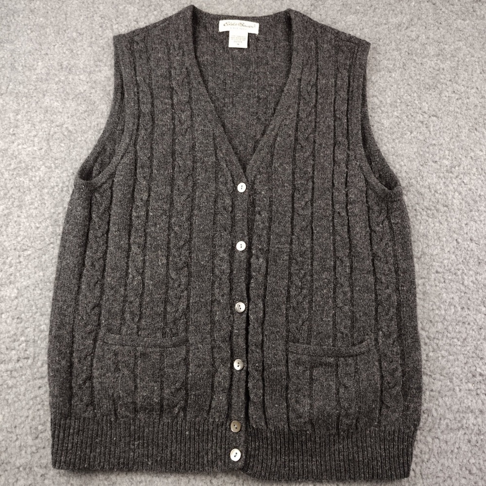 VTG Eddie Bauer Wool Vest Womens PM Gray Cable Knit Button Down EUC
